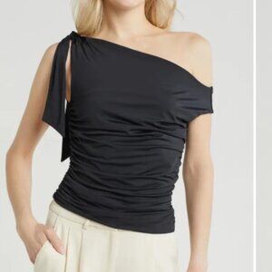 NEW WAYF Bow One-Shoulder Ruched Knit Top Black